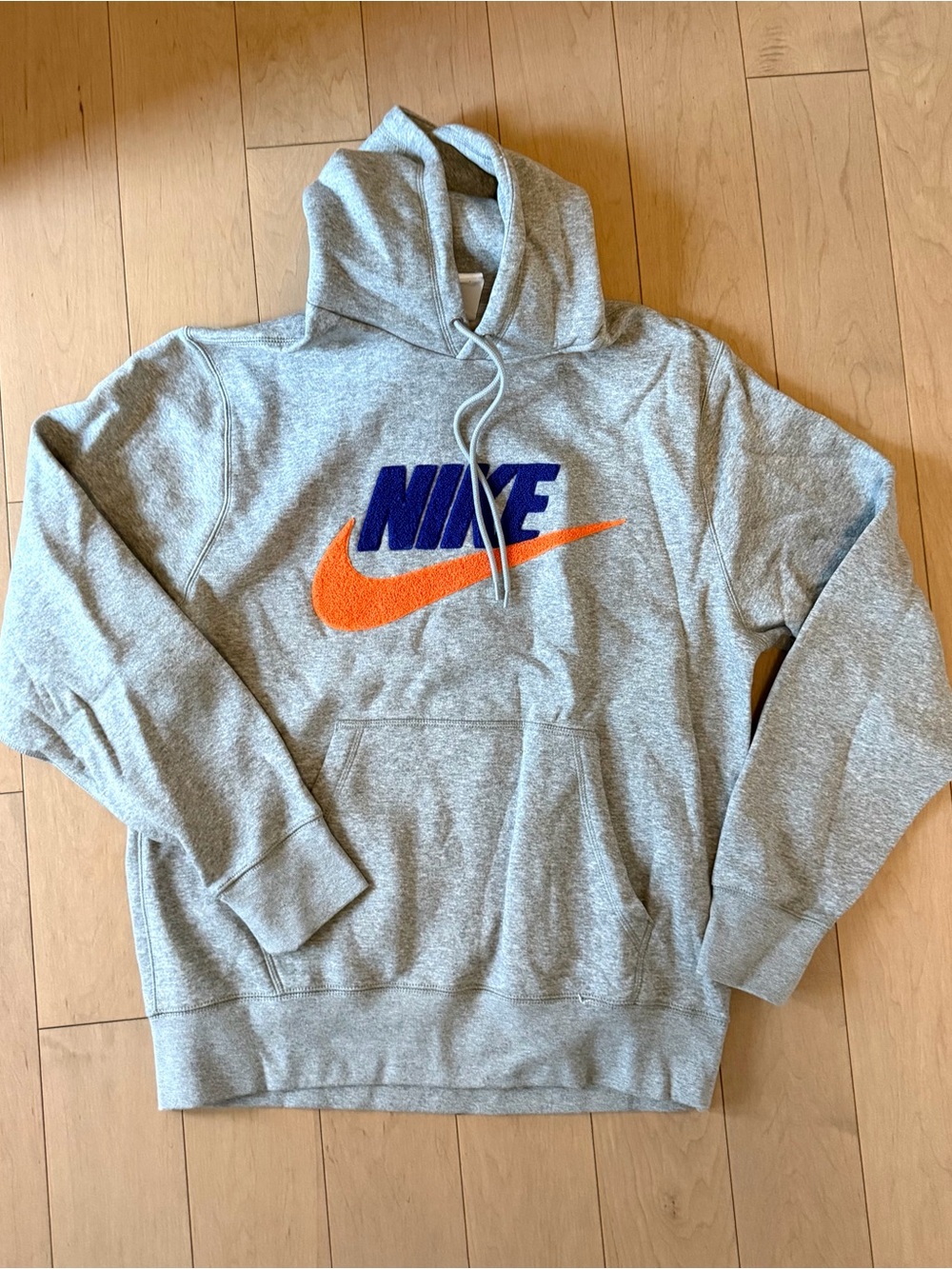 Nike Men's Grey Hoodie with Blue Logo and Orange Swoosh size M
